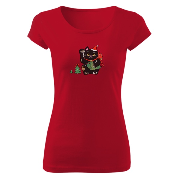 Tričko s potiskem Černá vánoční kočička Maneki Neko